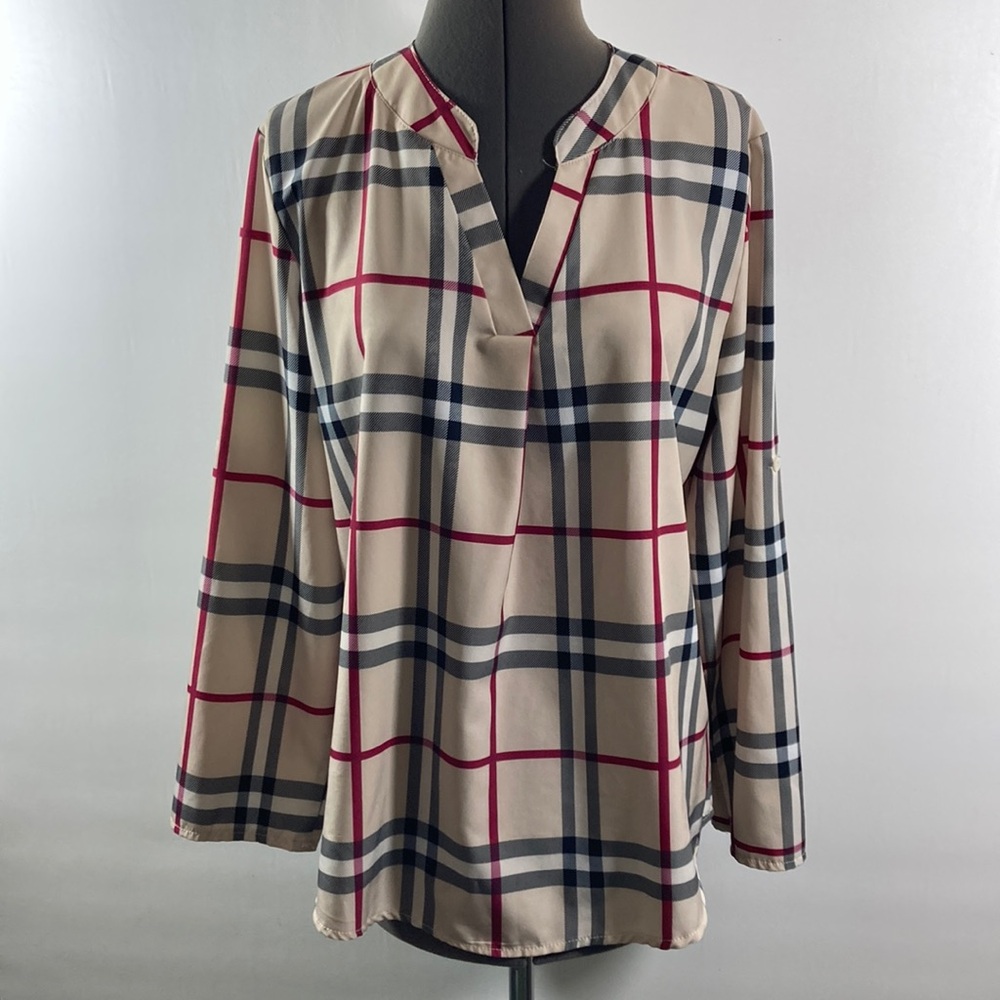 Plaid Top Women Size Large Tan Black & Wine Long Tab Sleeves V Neck